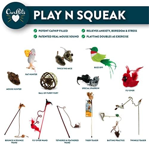 Ourpets Play-n-squeak ציפורים אמיתיות צעצועים לחתולים [צעצועים לחתולים אינטראקטיביים לחתולים מקורה עם Catnip]